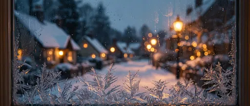 Frosted Window Overlooking Cozy Snowy Village