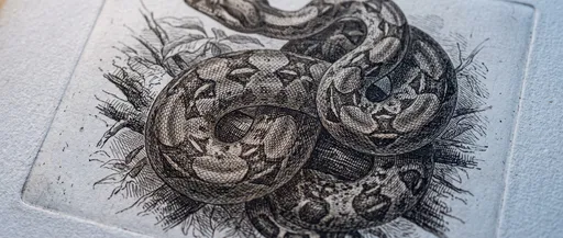 Antique Etching of Coiled Boa Constrictor