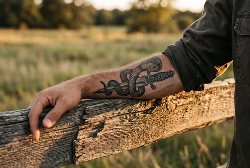 Forearm With Cobra And Dagger Tattoo