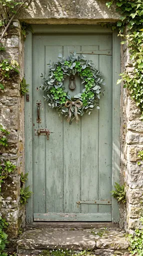 Sage Green Cottage Door with Shamrock Wreath