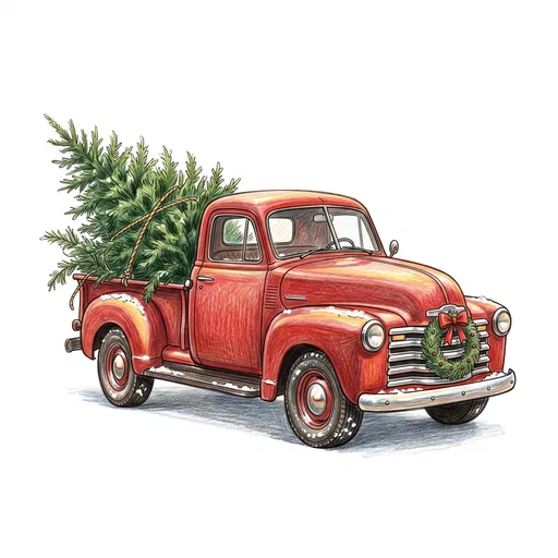 Vintage Red Christmas Pickup Truck Illustration