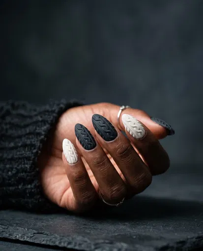 Black and White Cable-Knit Winter Nail Art