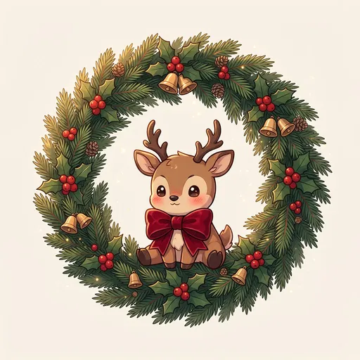 Cute Chibi Reindeer Inside Christmas Wreath