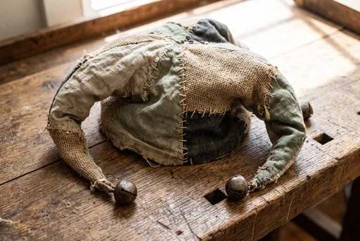 Rustic Patchwork Jester Hat on Workbench
