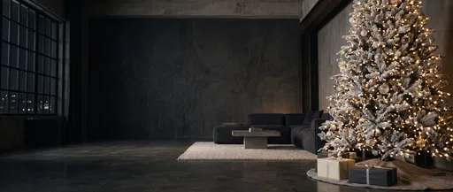 Minimalist Dark Loft With Christmas Tree