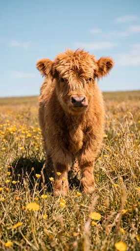 Fluffy Ginger Highland Calf in Meadow