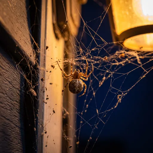 House Spider in Cobweb by Porch Light