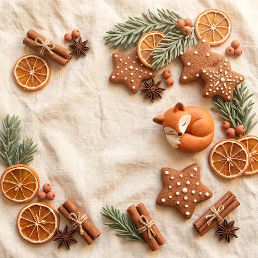 Christmas Flat Lay With Sleeping Clay Fox