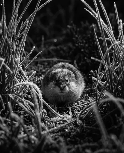Monochrome Lemming in Frosted Tundra Grass