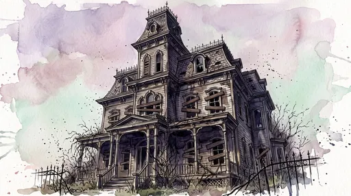 Watercolor Haunted Second Empire Mansion Illustration