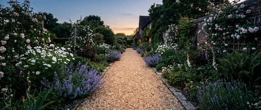 English Cottage Garden Path at Twilight