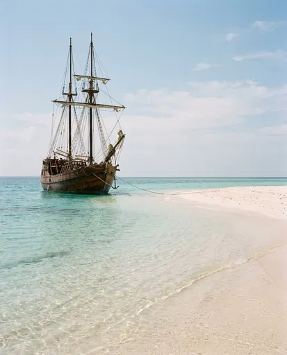 Wooden Sailing Ship Moored Near Sandbar