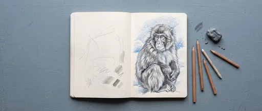 Sketchbook With Japanese Macaque Pencil Drawing
