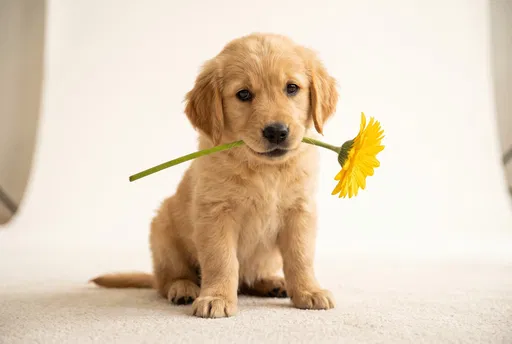 Golden Retriever Puppy Holding Yellow Daisy