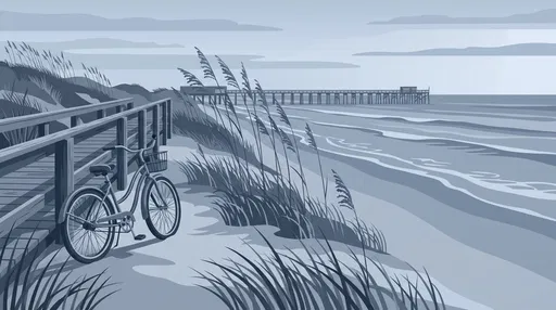 Monochrome Coastal Boardwalk and Bicycle Illustration