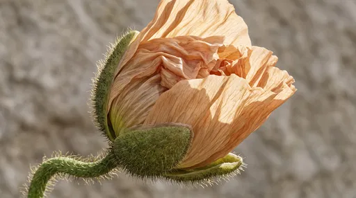 Unfurling Apricot Poppy Flower Bud Macro