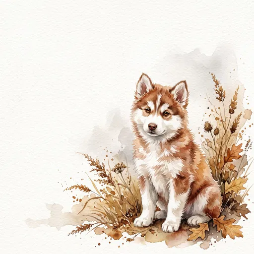 Watercolor Cinnamon Husky Puppy in Autumn