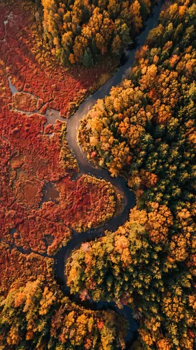 Aerial View of Autumn Stream and Bog