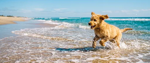 Goldendoodle Puppy Splashing in Ocean Waves