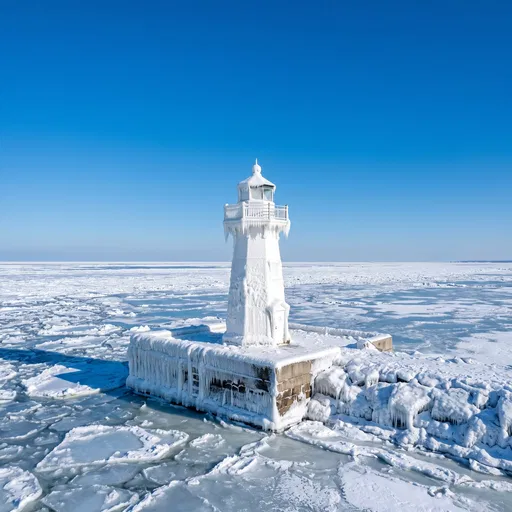 Frozen Lighthouse Under Clear Blue Sky
