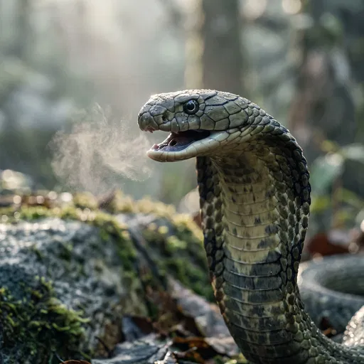 King Cobra Hissing in Morning Forest