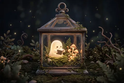 Cute Ghost Reading Inside Terrarium Lantern