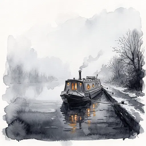 Watercolor Narrowboat Moored on Winter Canal