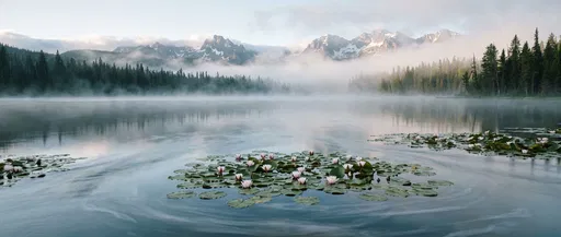 Misty Alpine Lake With Water Lilies