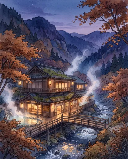 Anime Watercolor Mountain Bathhouse at Dusk