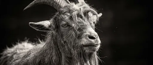 Monochrome Portrait of Grumpy Shaggy Goat