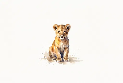 Watercolor Illustration of Sitting Lion Cub