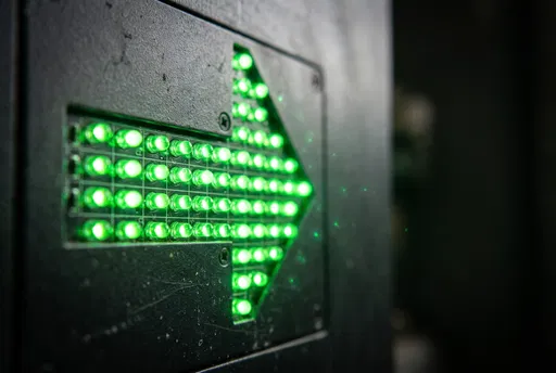 Glowing Green LED Arrow Close-Up