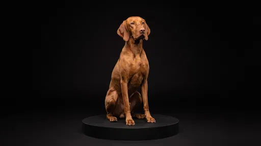 Vizsla Dog Sitting on Black Pedestal