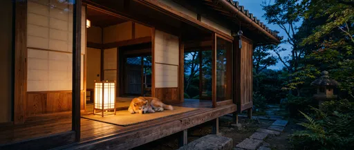 Akita Dog Resting on Japanese Porch