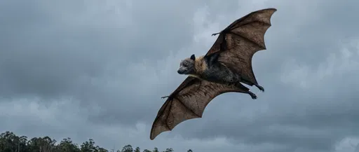 Fruit Bat Banking Against Overcast Sky