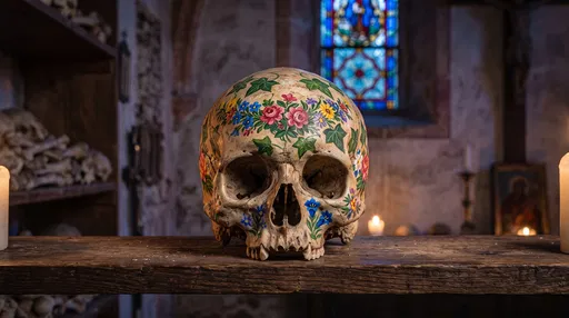 Painted Floral Skull in Charnel House
