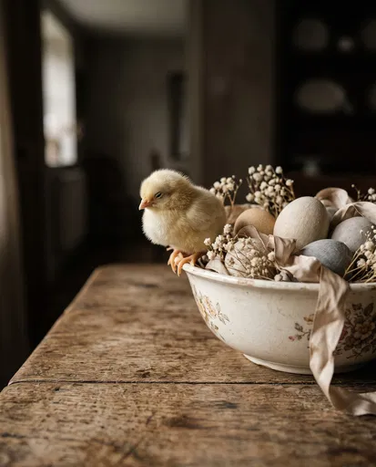 Sleepy Yellow Chick on Vintage Easter Bowl
