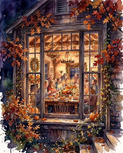 Watercolor Thanksgiving Dinner Through Window