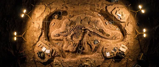 Aerial Stegosaurus Fossil Excavation at Night
