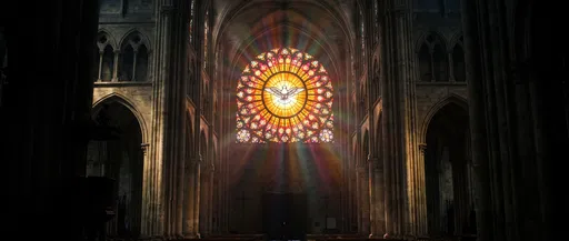 Stained Glass Dove Window in Dark Cathedral