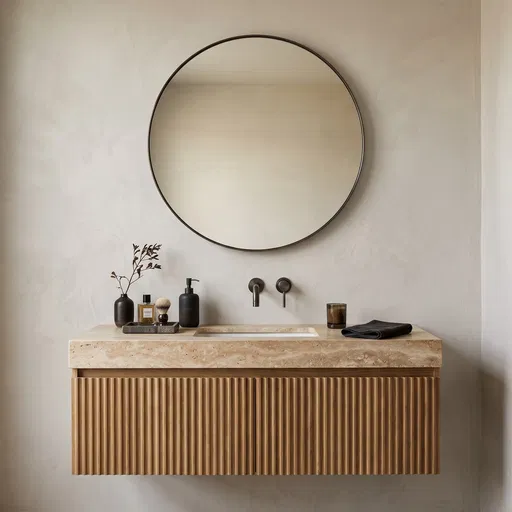 Minimalist Fluted Oak and Travertine Bathroom Vanity
