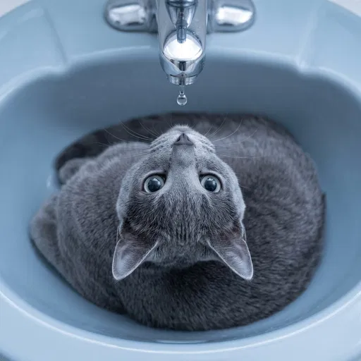 Gray Cat Looking At Water Drop