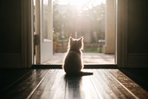 Backlit Fluffy Kitten Sitting in Doorway