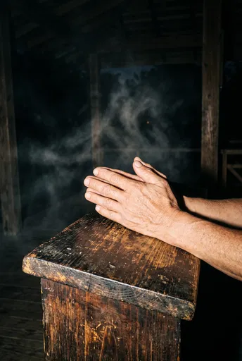 Clasped Hands on Timber Rest in Mist