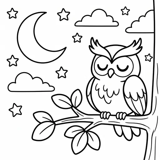 Sleepy Owl Night Sky Coloring Page