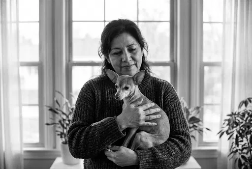 Woman Holding Chihuahua by Bright Window