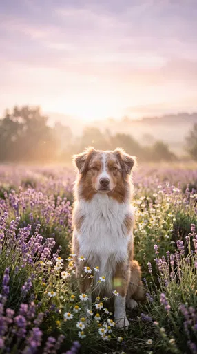 Australian Shepherd in Sunrise Lavender Meadow