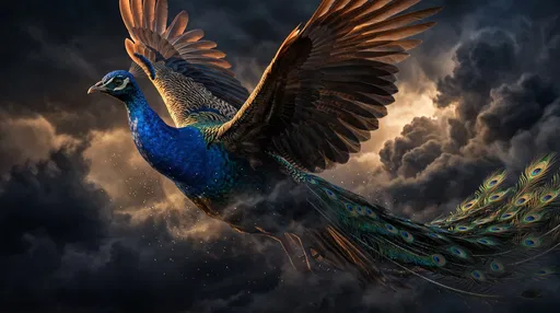 Peacock Soaring Through Dark Storm Clouds