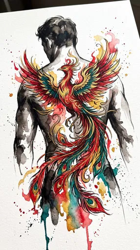 Watercolor Phoenix Back Tattoo Concept Illustration