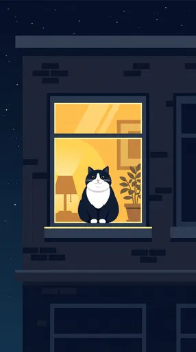 Chubby Tuxedo Cat in Night Window